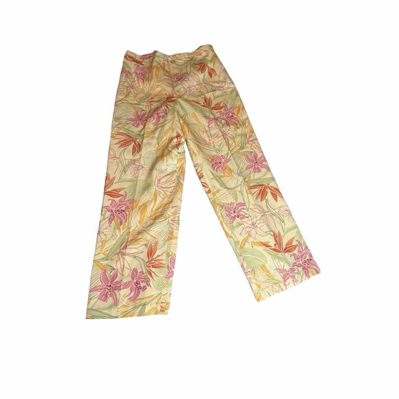 Talbots Pants Women's Size 14 Yellow Silk Floral Lined High Waist Strait Leg - Picture 2 of 8